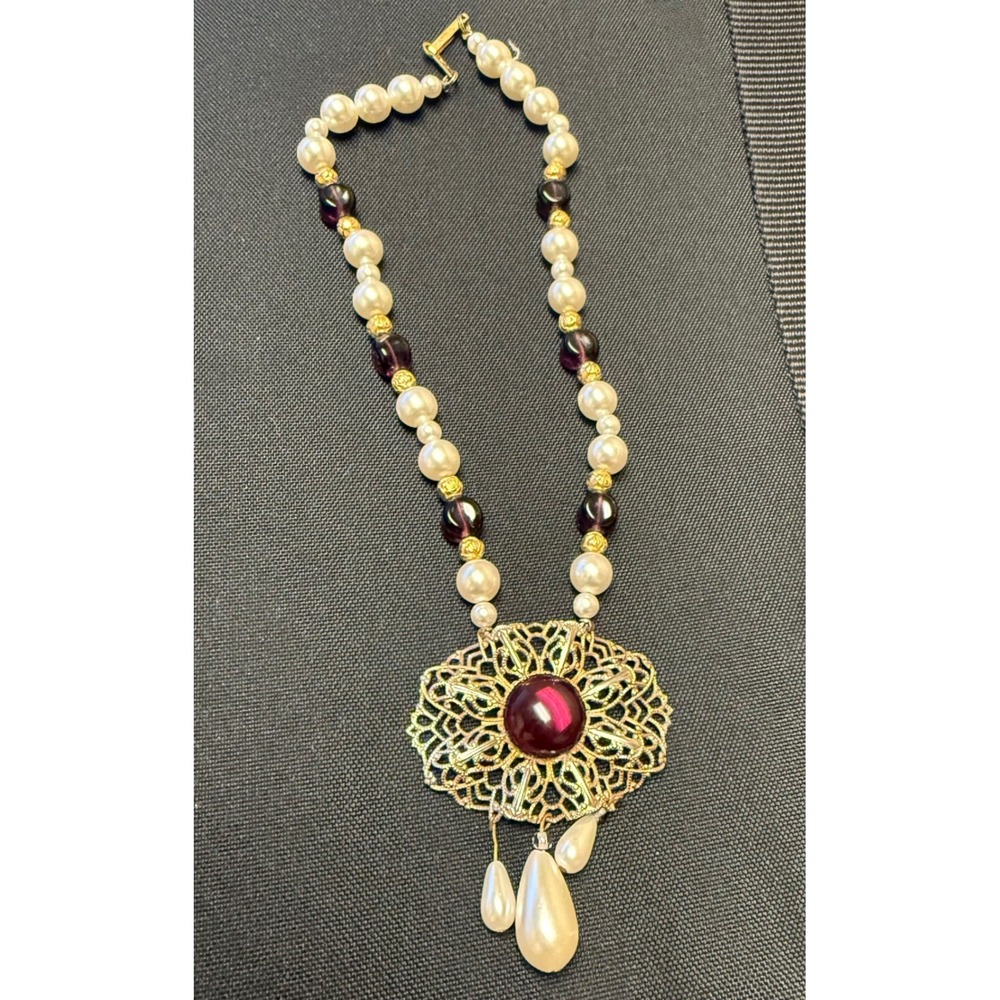 Vintage V.A. Faux Pearl Purple Glass Bead Filigree Pendant Necklace Gold Tone
